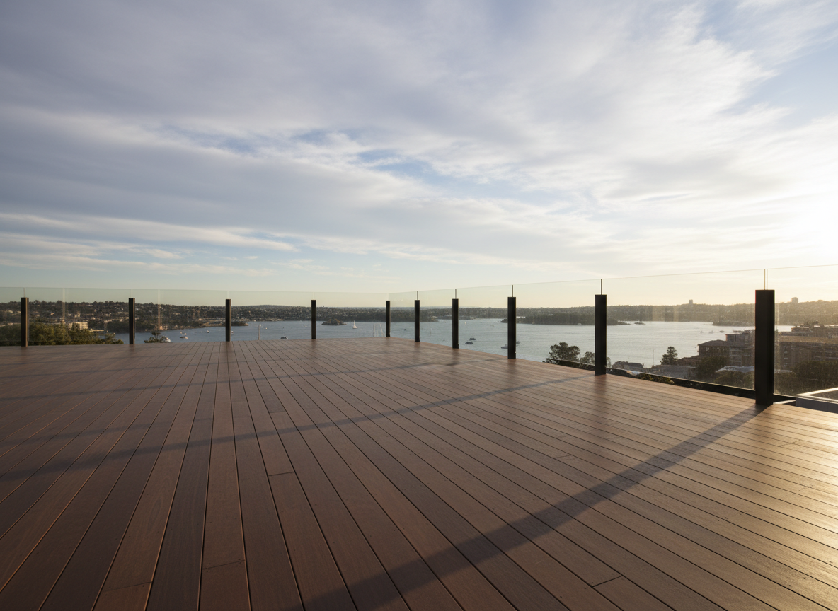 A wide, elevated architectural timber deck extending from a contemporary Sydney home, crafted from rich, chocolate-brown hardwood with fine, linear grain and a satin oiled finish. Slim shadow-line joints run perfectly parallel, leading the eye toward a glass balustrade that overlooks a distant harbour view. Late-afternoon golden sunlight washes across the deck, creating long, crisp shadows from minimalist steel posts and highlighting the wood’s subtle texture. Photographed at eye level with a slight angle toward the horizon, the composition uses rule of thirds to balance deck, sky and water. The mood is sophisticated and serene, with photographic realism and a clean, modern aesthetic that emphasises precision construction and premium materials.